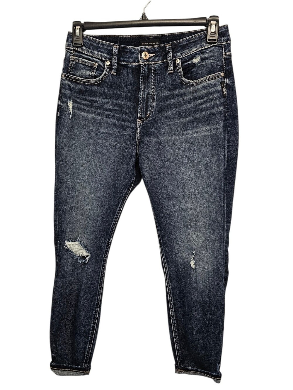 Silver Jeans Dark Blue Distressed Skinny Crop Jeans